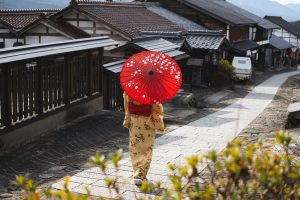 和傘をさす着物女性